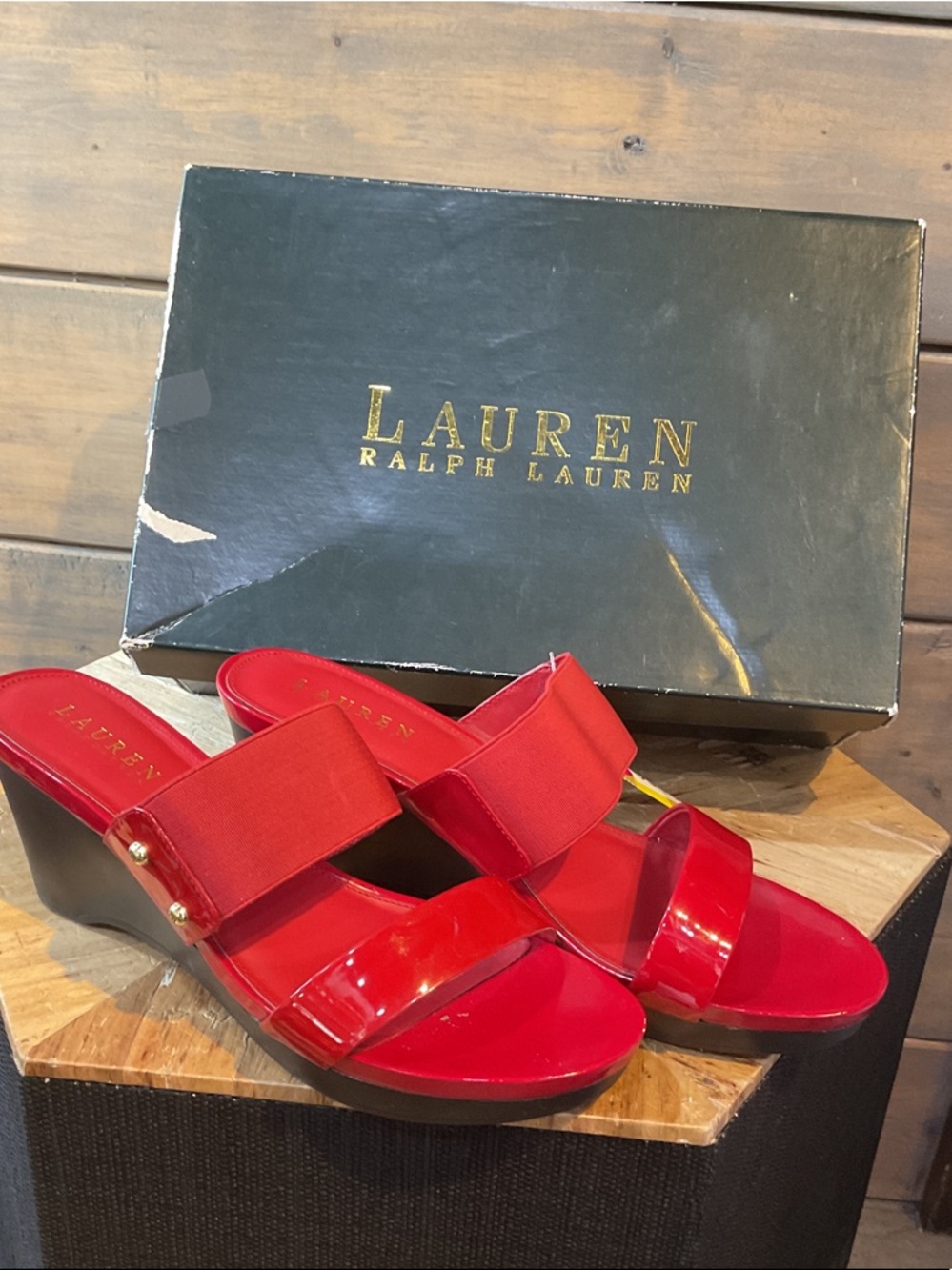 Lauren Ralph Lauren Red Patent & Fabric Wedge Sandals